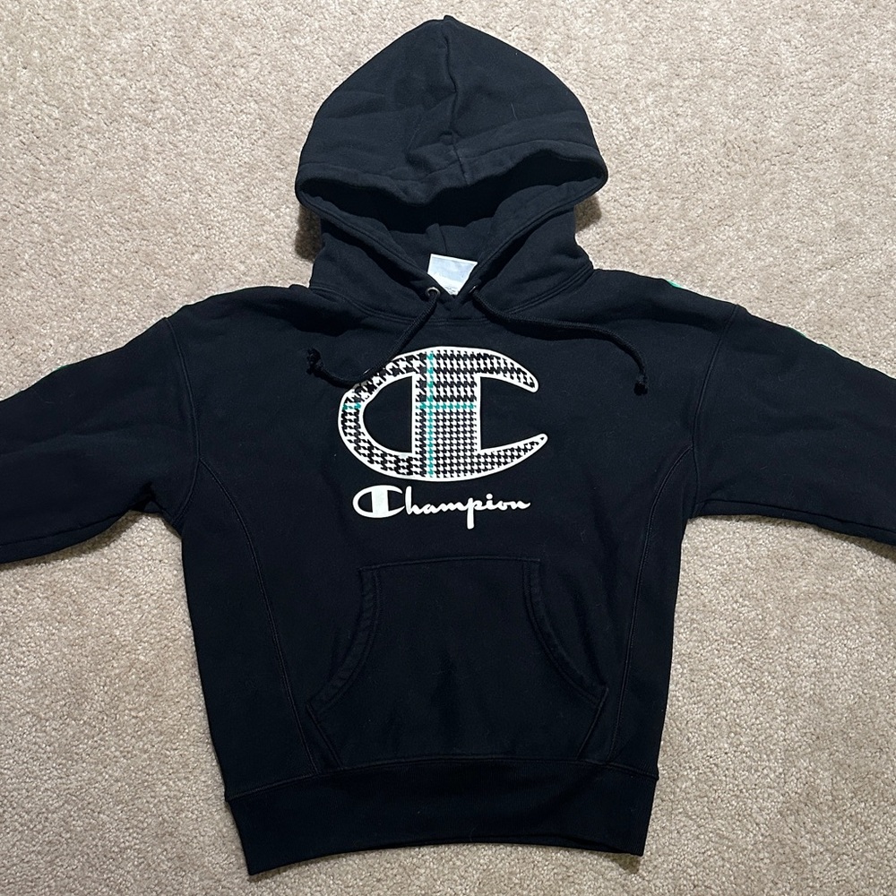 Champion Black Hoodie with Checkered Logo